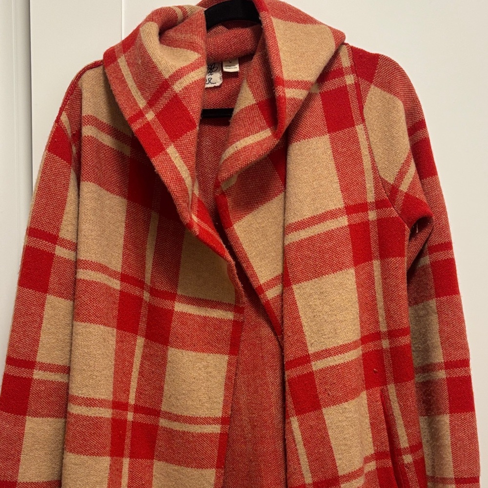 Red and Tan Plaid Hooded Coat